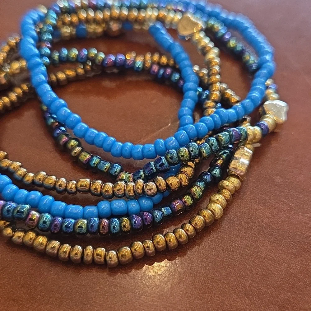 Blue and Gold Beaded Bracelet Set